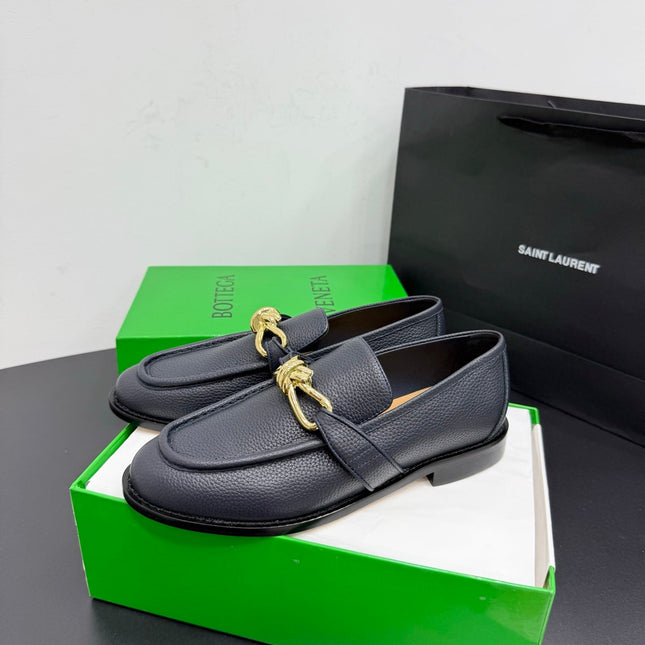 BOTTEGA VENETA 26S LOAFERS IN BLUE GRAY GRAINED CALFSKIN WITH GOLD HARDWARE