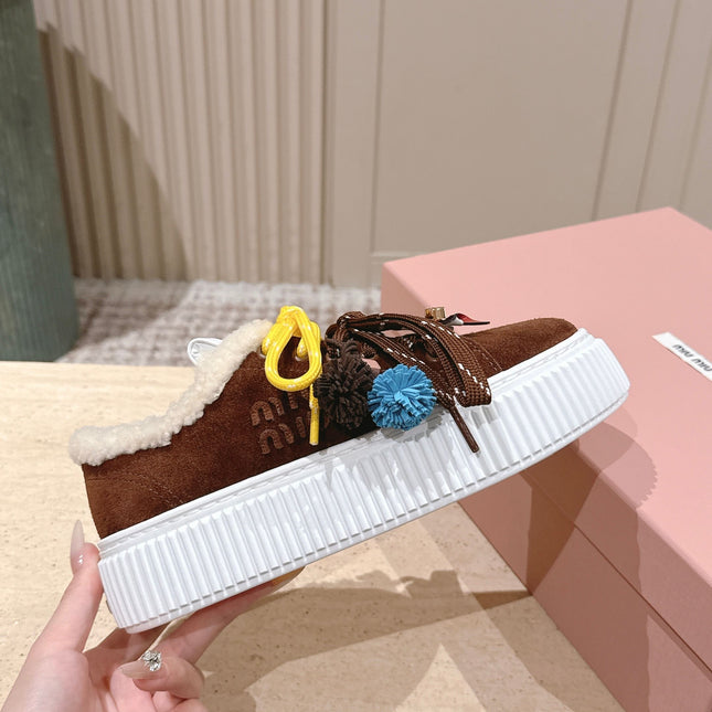 MIUMIU 25S SNEAKERS 50MM IN DARK BROWN SUEDE WITH SHEARLING