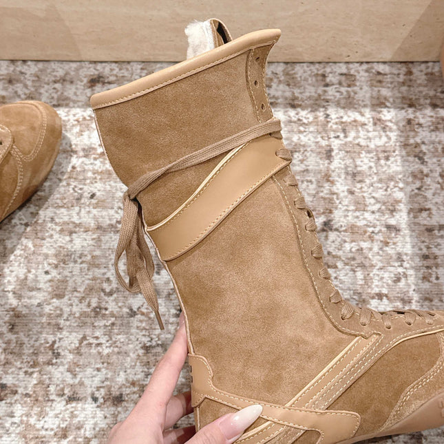 MIUMIU 25S ANKLE BOOTS IN LIGHT BROWN SUEDE WITH SHEARLING