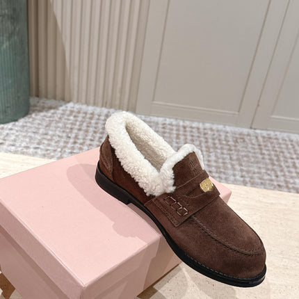 MIUMIU 25S PENNY LOAFERS 20MM IN DARK BROWN SUEDE WITH SHEARLING