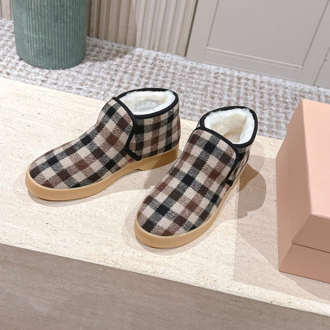 MIUMIU 25S SLIP-ON BOOTIES IN CAMEL BEIGE AND BLUE WOOL WITH SHEARLING