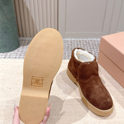 MIUMIU 25S SLIP-ON BOOTIES IN DARK BROWN SUEDE WITH FAUX SHEARLING