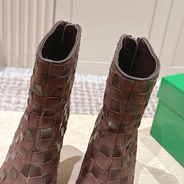 BOTTEGA VENETA 26S INTRECCIATO BOOTS 85 MM IN DARK BROWN SUEDE AND LAMBSKIN