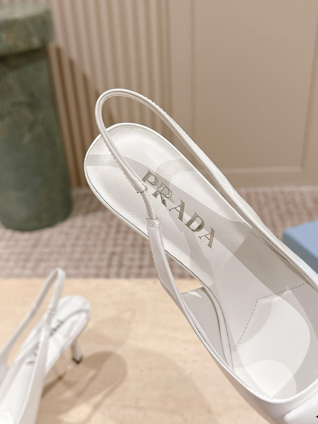 PRADA 26S POINTED-TOE SLINGBACK HEELS 75MM IN WHITE PATENT CALFSKIN