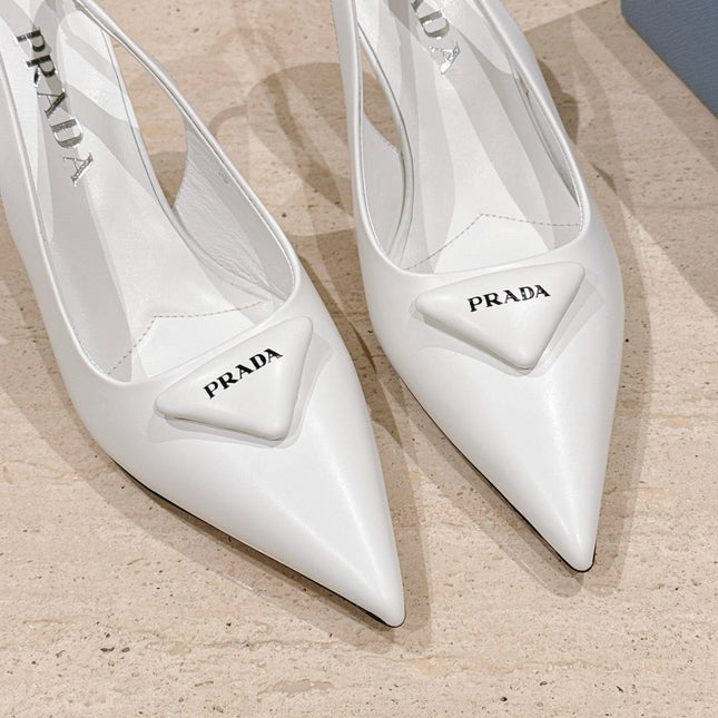 PRADA 26S POINTED-TOE SLINGBACK HEELS 75MM IN WHITE SHINY CALFSKIN