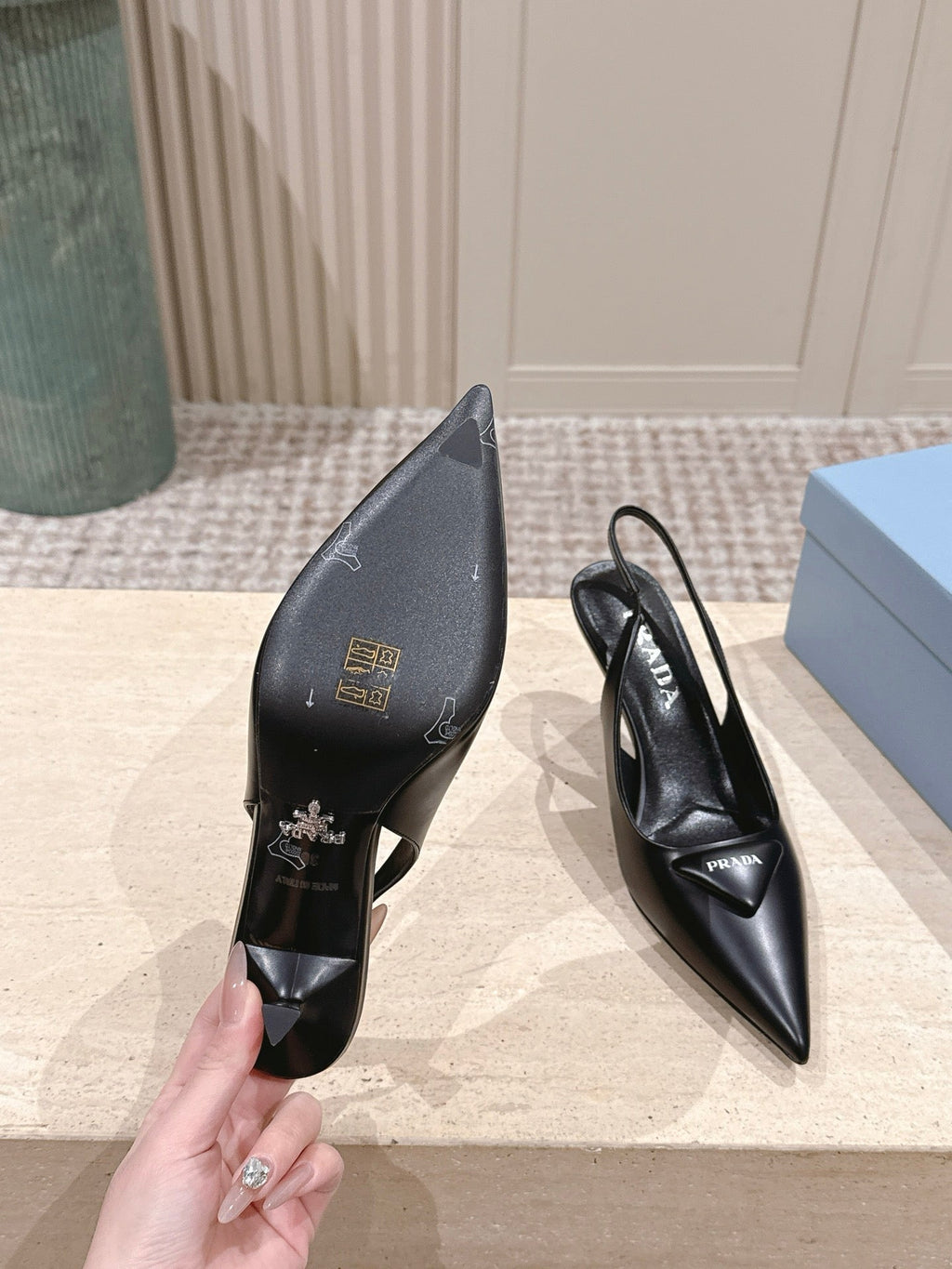 PRADA 26S POINTED-TOE SLINGBACK HEELS 75MM IN BLACK SHINY CALFSKIN