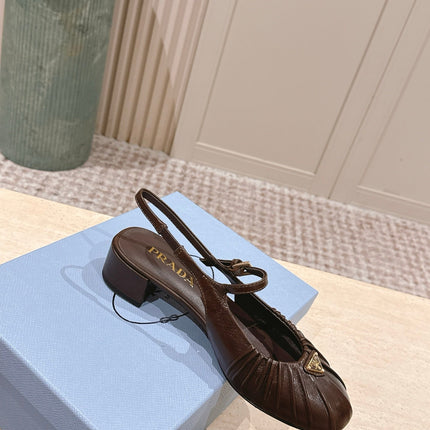 PRADA 26S SLINGBACK SANDALS 40MM IN DARK BROWN CALFSKIN WITH LOGO