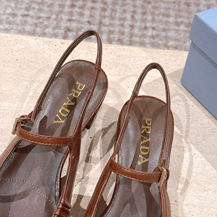 PRADA 26S SLINGBACK SANDALS 40MM IN CARAMEL BROWN CALFSKIN WITH LOGO