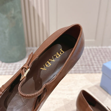 PRADA 26S MARY JANE 40MM IN CARAMEL BROWN CALFSKIN WITH LOGO