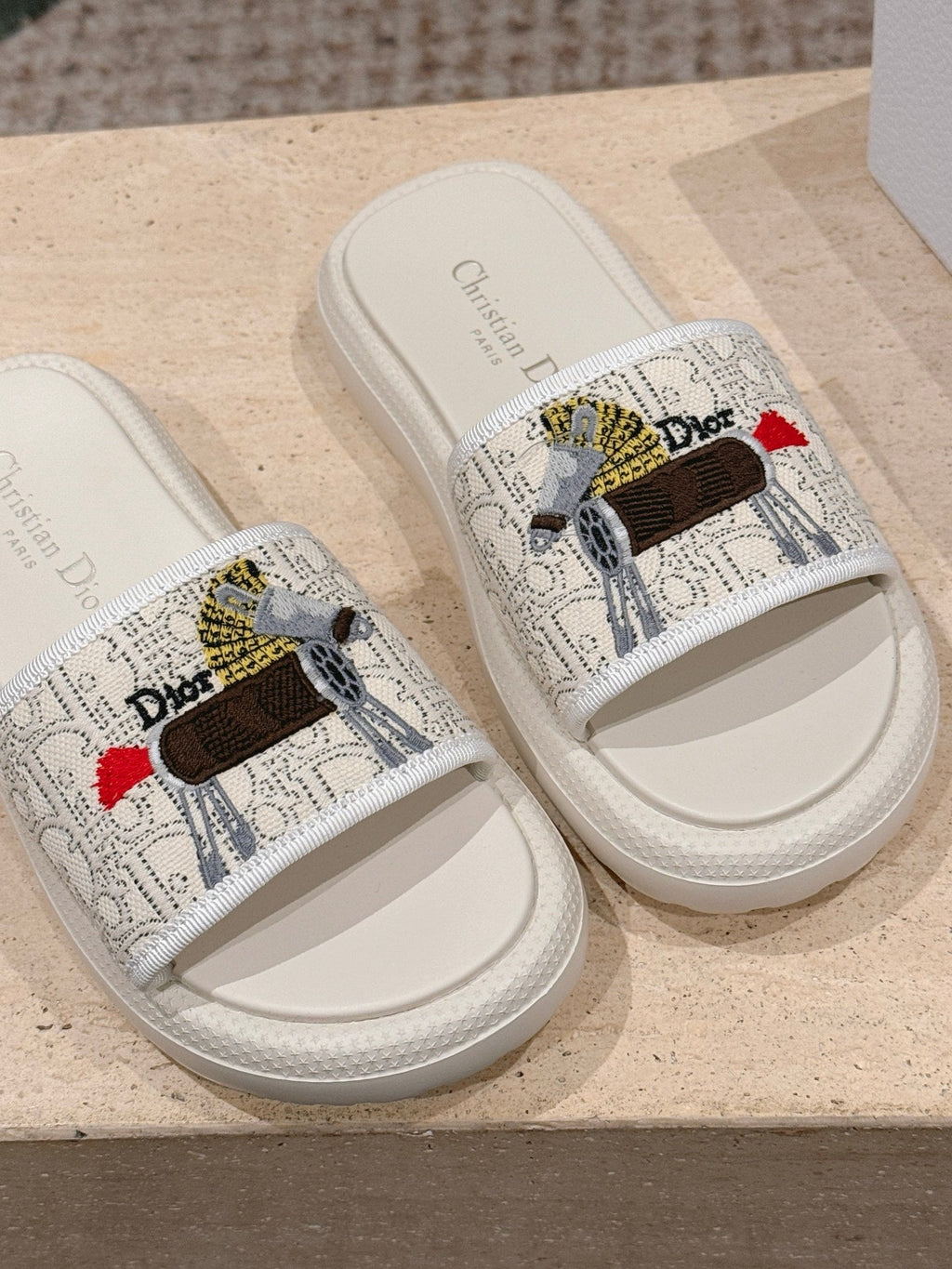 DIOR 26S SLIDE SANDALS IN WHITE LACE MONOGRAM EMBROIDERED CANVAS