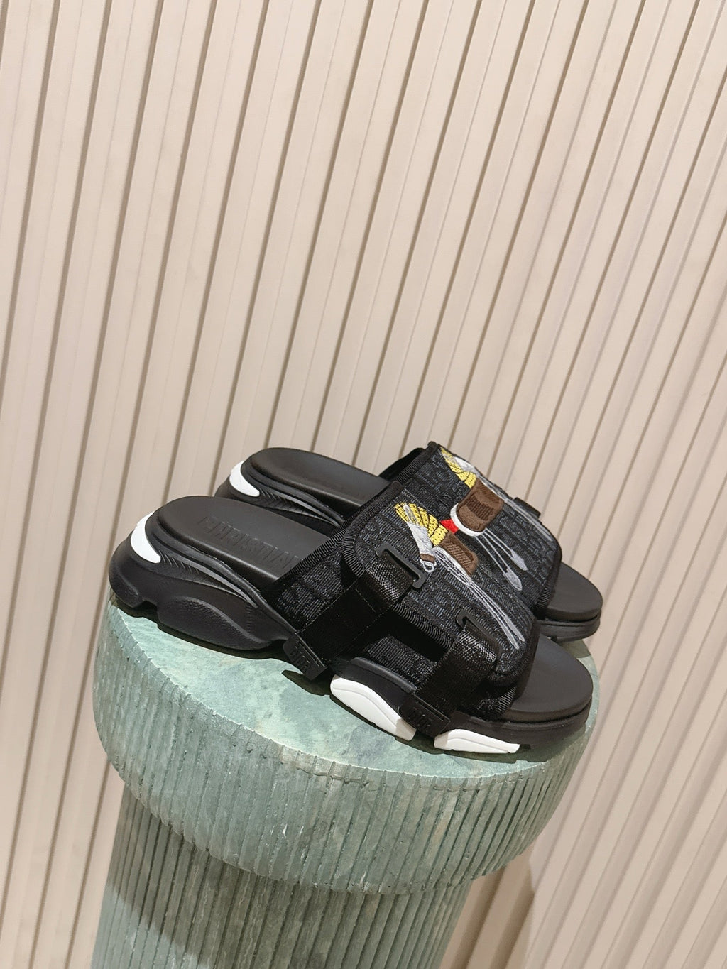DIOR 26S DOUBLE STRAP SLIDE SANDALS IN BLACK MONOGRAM CANVAS