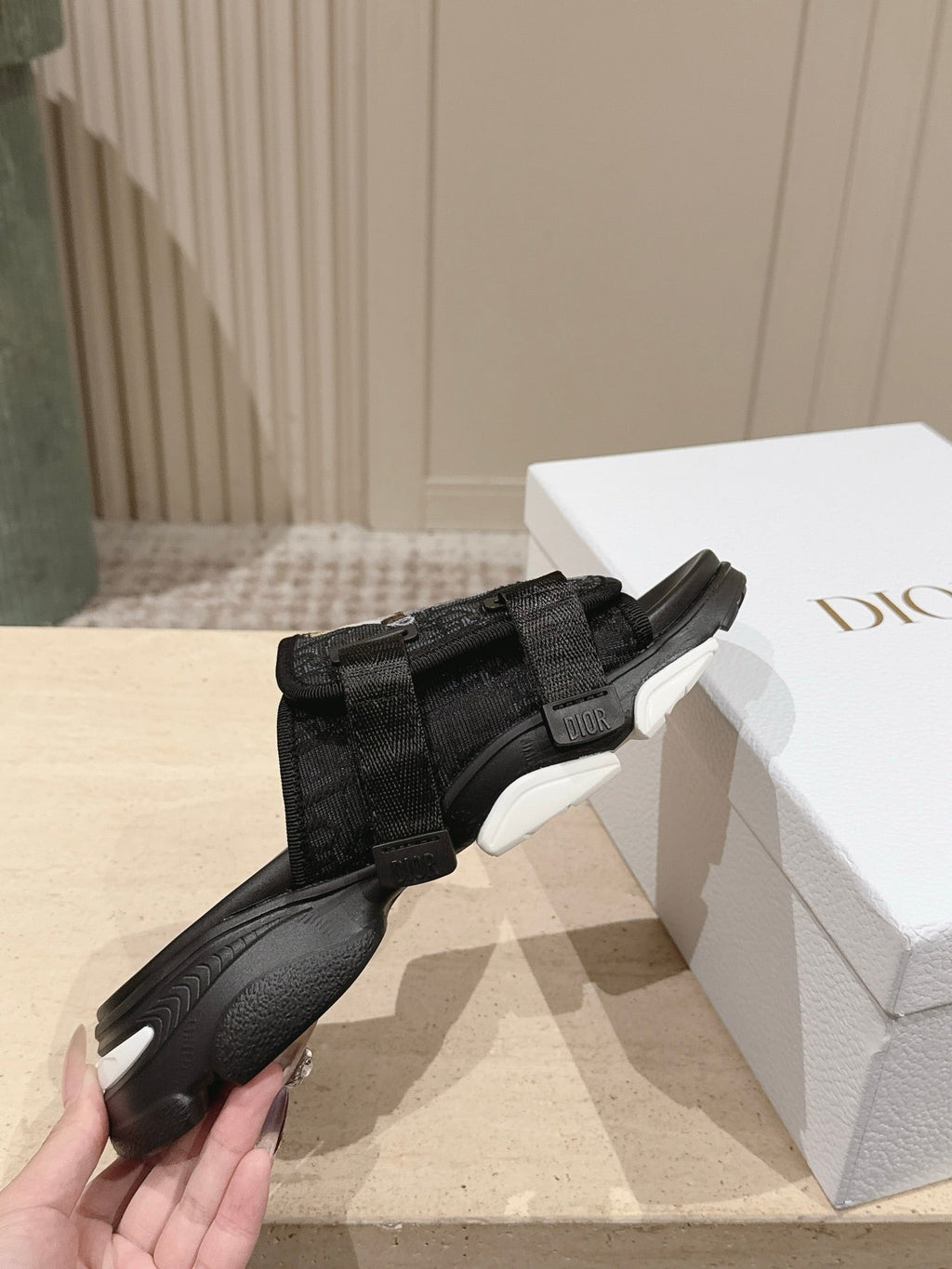 DIOR 26S DOUBLE STRAP SLIDE SANDALS IN BLACK MONOGRAM CANVAS
