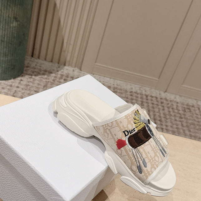 DIOR 26S DOUBLE STRAP SLIDE SANDALS IN BEIGE MONOGRAM CANVAS