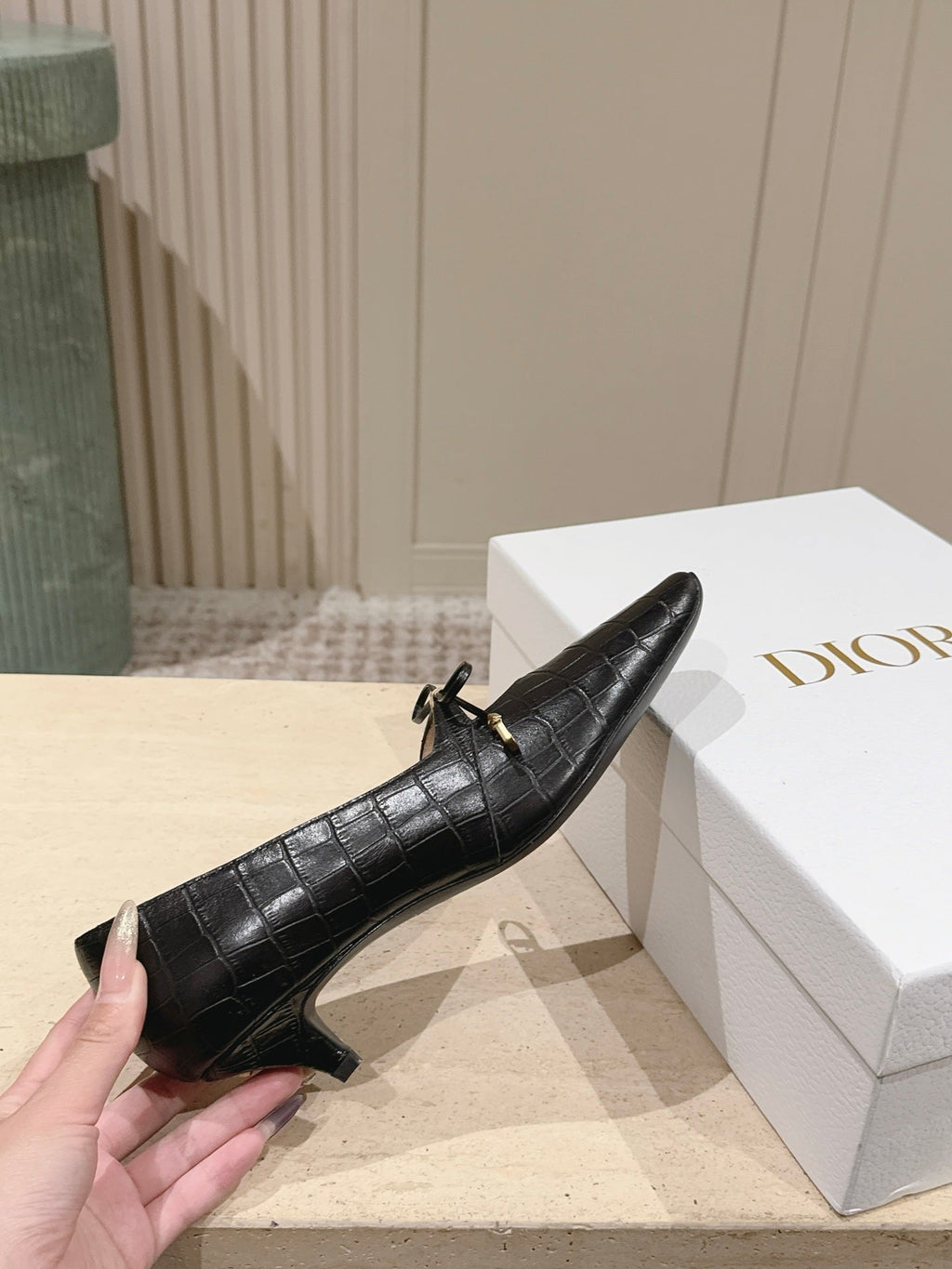 DIOR 26S MARY JANE KITTEN HEEL 40MM IN BLACK CROCODILE EMBOSSED CALFSKIN