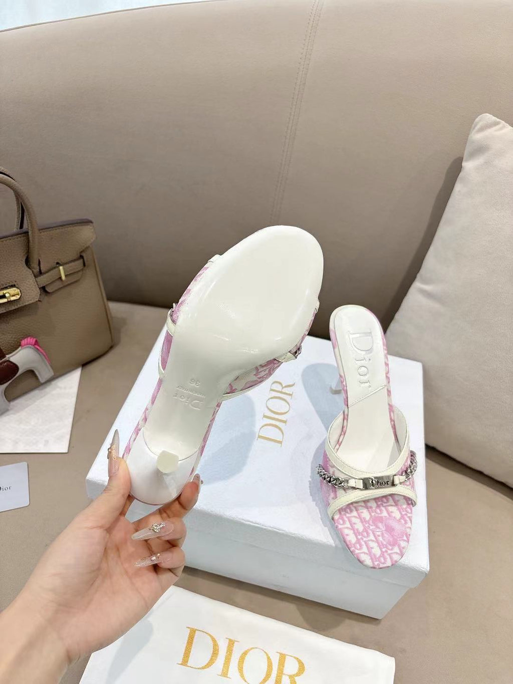 DIOR 26S KITTEN HEEL SLIDE SANDALS 85MM IN PINK MONOGRAM CANVAS CALFSKIN CHAIN STRAP