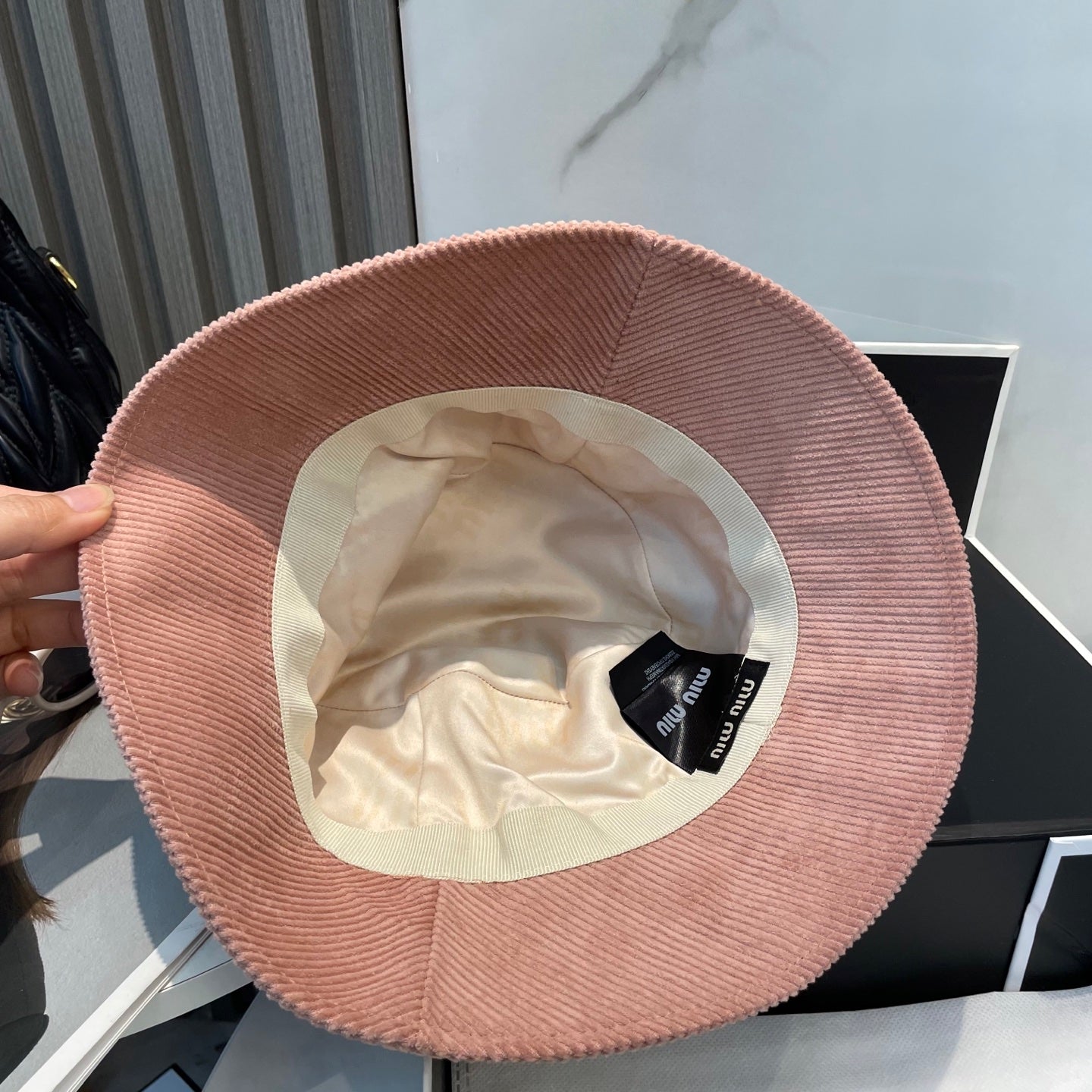 MIUMIU BUCKET IN PEACHY PINK VELVET WITH LOGO