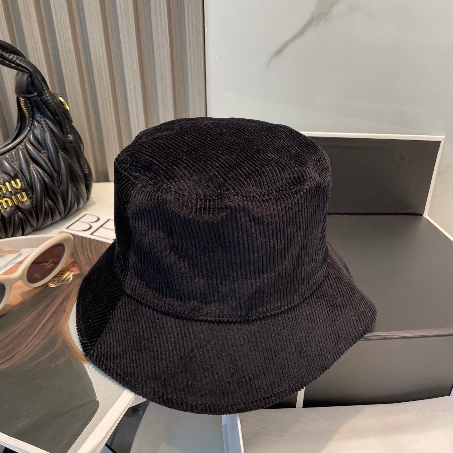 MIUMIU BUCKET IN BLACK VELVET WITH LOGO