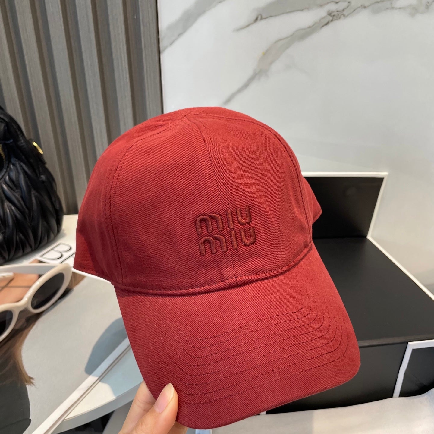 MIUMIU BASEBALL CAP IN RED FABRIC BRAND EMBROIDERY
