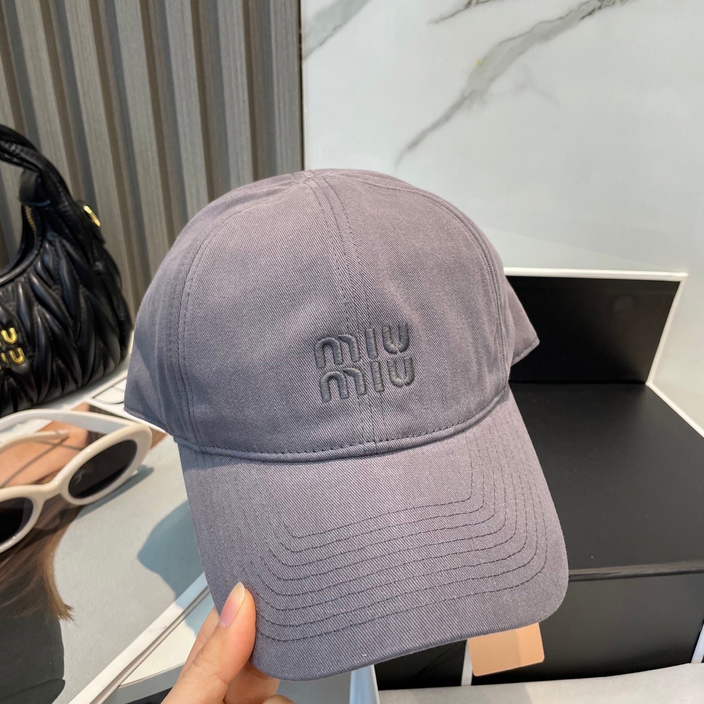 MIUMIU BASEBALL CAP IN GREY ORANGE FABRIC BRAND EMBROIDERY