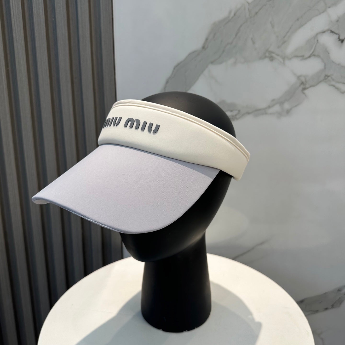 MIUMIU SPORT VISOR CAP IN COOL GRAY MIX WHITE FABRIC