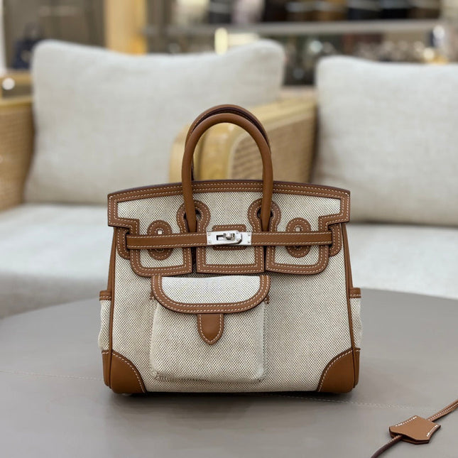 HM 25S BIRKIN CARGO 25 CM IN OFF-WHITE CANVAS AND BROWN SWIFT WITH SILVER HARDWARE