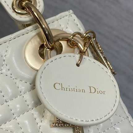 DIOR 25S MINI LADY DIOR BAG 17 IN IVORY CALFSKIN CHARM CRYSTAL EMBELLISHMENTS