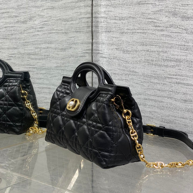 DIOR 25S JOLIE TOP HANDLE MINI BAG 18 IN BLACK CALFSKIN GOLD HARDWARE