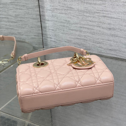DIOR 25S MICRO LADY D-JOY 19 IN BABY PINK CALFSKIN GOLD HARDWARE
