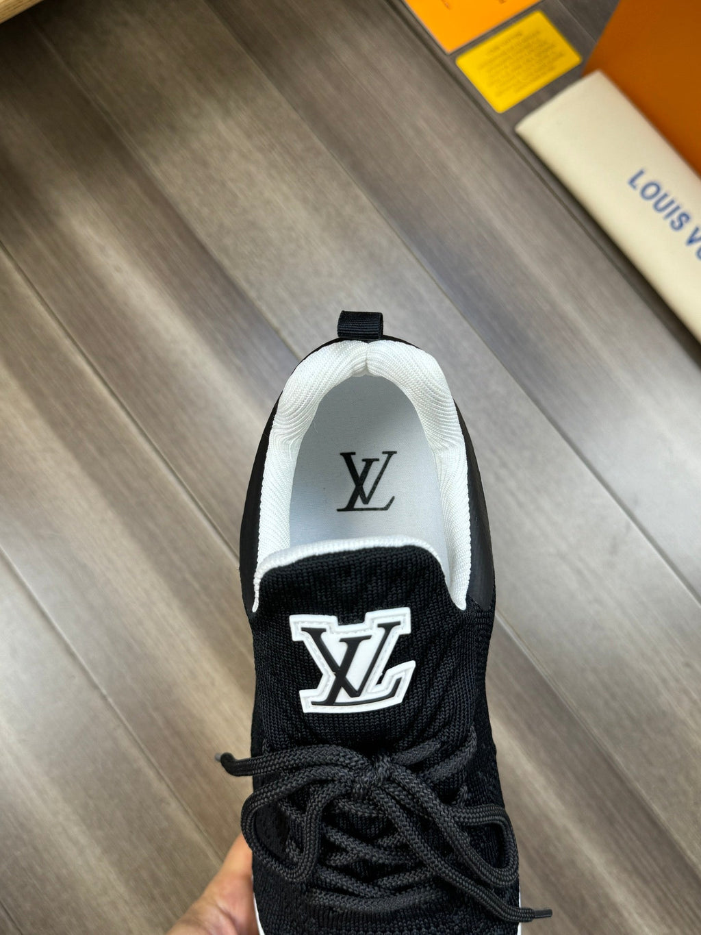 LV SNEAKERS IN BLACK MESH BREATHABLE FABRIC AND WHITE CALFSKIN