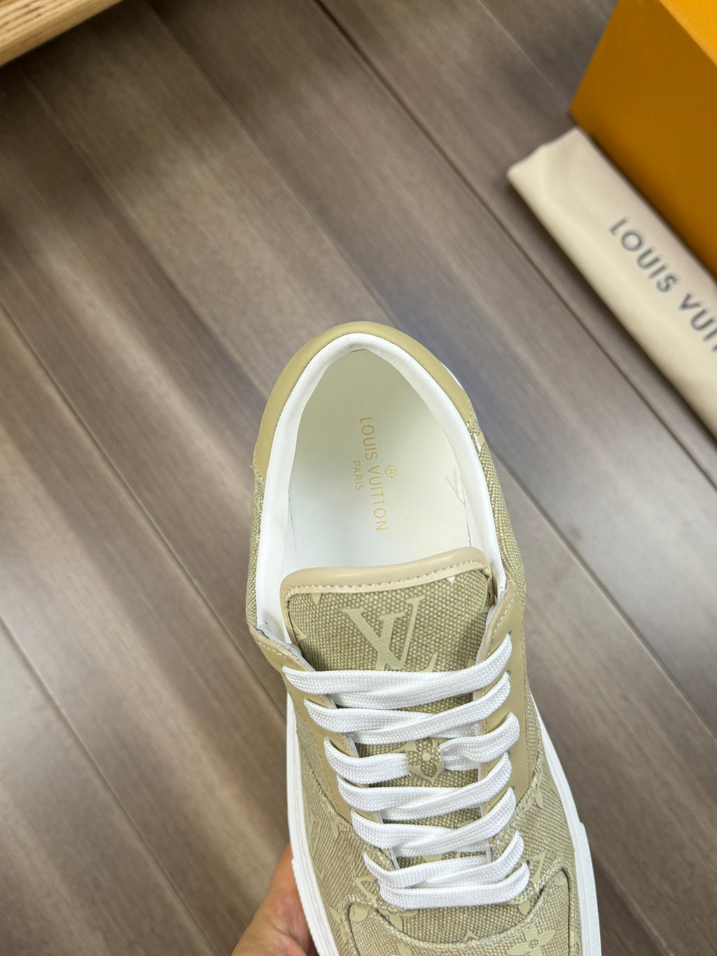 LV TRAINER SNEAKER IN YELLOW OLIVE MONOGRAM DENIM