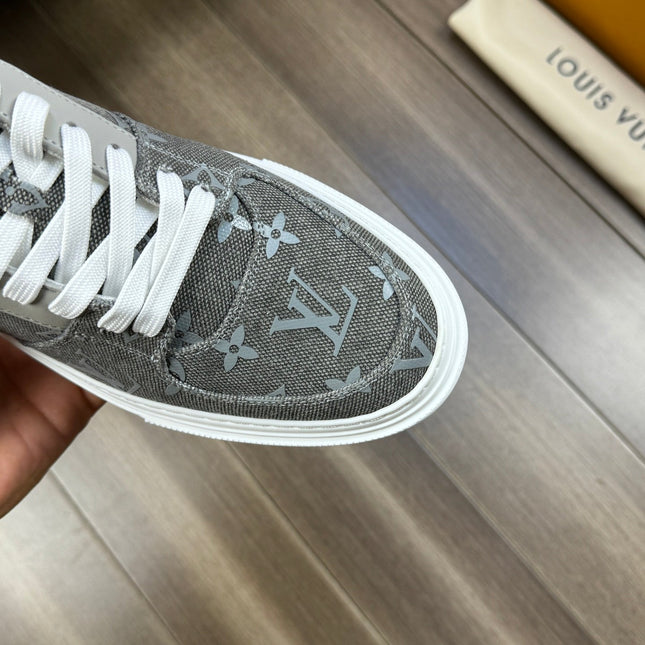 LV TRAINER SNEAKER IN GREY PASTEL MONOGRAM DENIM