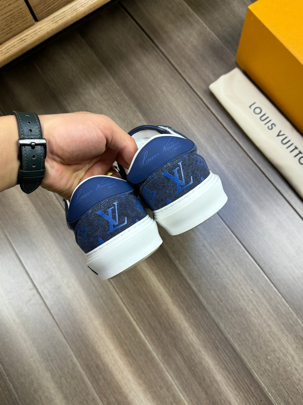 LV TRAINER SNEAKER IN BLACK AND BLUE MONOGRAM DENIM