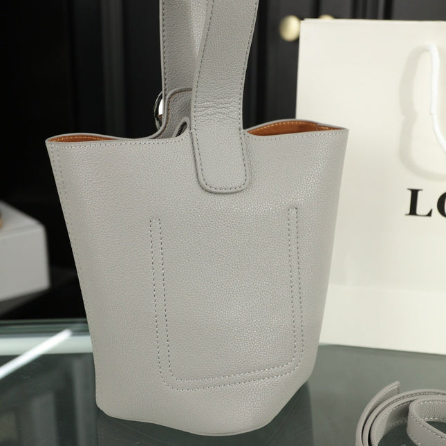 LOE MINI 19 PEBBLE BUCKET IN GRAY STEEL MELLOW CALFSKIN