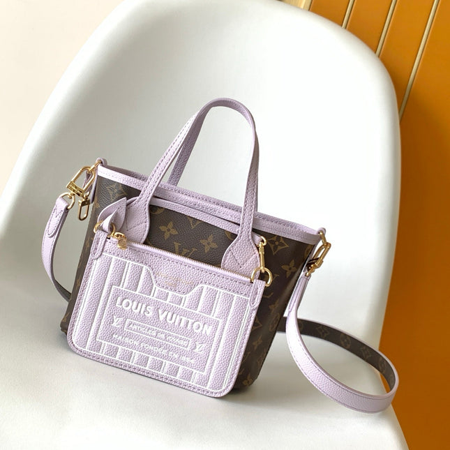 LV 25S NEVERFULL BANDOULIÈRE INSIDE OUT BB 31 IN LIGHT PURPLE AND BROWN CALFSKIN