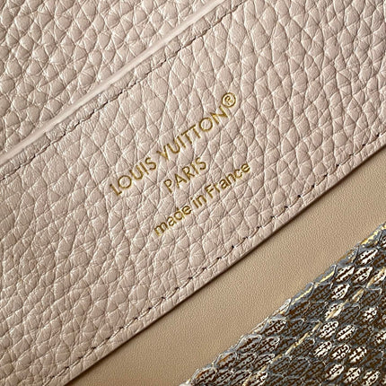 LV 26S CAPUCINES BAG 27 IN GRAYISH BEIGE TAURILLON CALFSKIN WITH GOLD HARDWARE