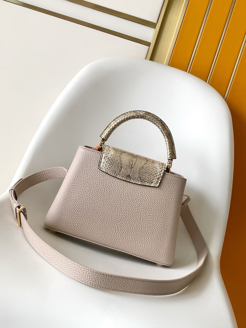 LV 26S CAPUCINES BAG 27 IN GRAYISH BEIGE TAURILLON CALFSKIN WITH GOLD HARDWARE
