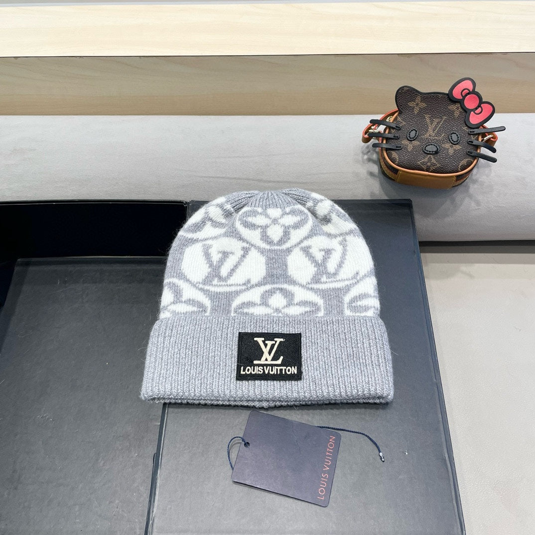 KNITTED BEANIE HAT IN LIGHT GRAY MIX WHITE WOOL AND RABBIT FUR 426242