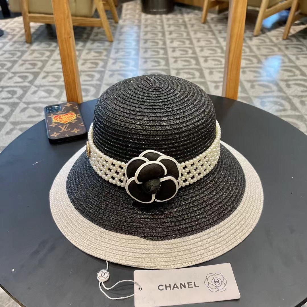 STRAW BUCKET HAT BLACK WITH PEARLS 672762