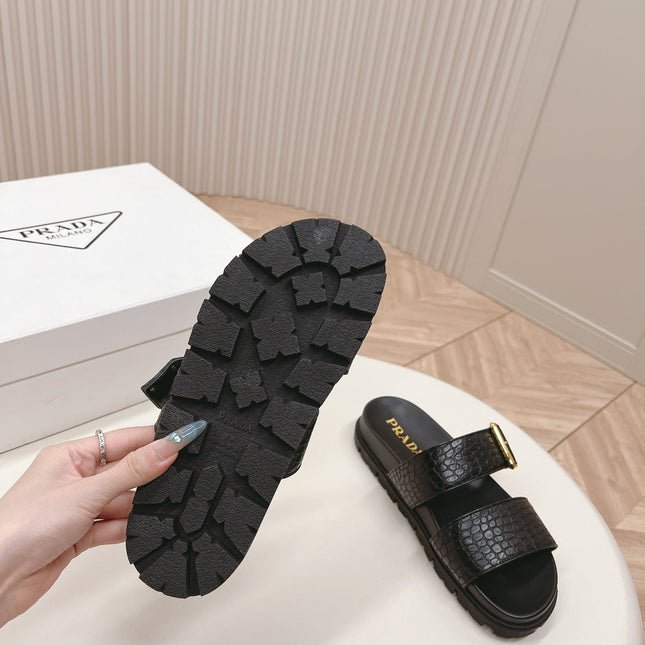 PRA CROCODILE MOTIF SLIDES SANDALS BLACK CALFSKIN