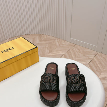 FENDI SIGNATURE WEDGE PLATFORM 6 CM IN BLACK FIBRE WITH BROWN EMBROIDERED LOGO