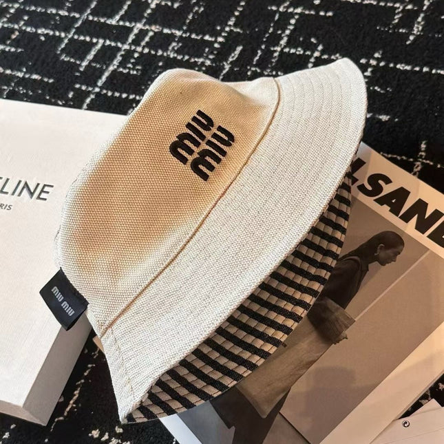 MIUMIU CLASSIC REVERSIBLE BUCKET HAT IN LIGHT BEIGE AND BLACK FABRIC