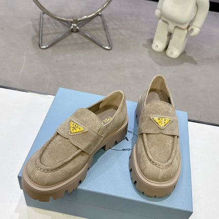 PRADA 25S THICK-SOLE LOAFERS 60 MM IN BEIGE SUEDE WITH GOLD HARDWARE