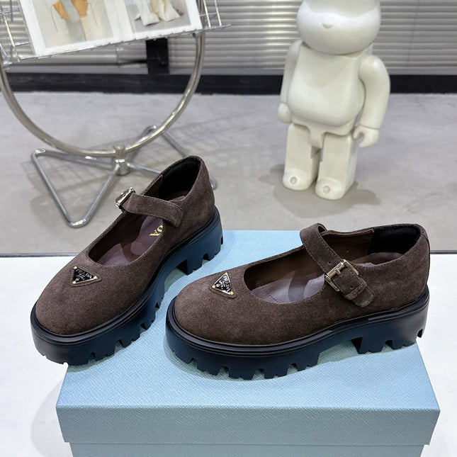 PRADA 25S PLATFORM MARY JANE SHOES IN DARK BROWN SUEDE STYLE 3