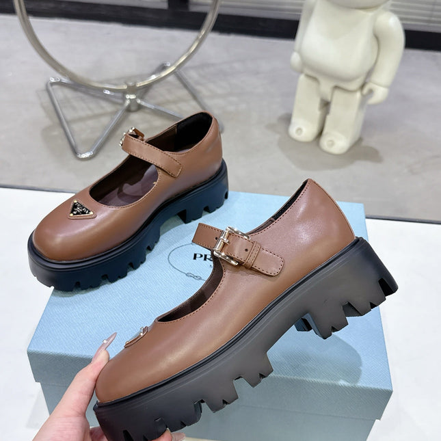 PRADA 25S PLATFORM MARY JANE SHOES IN BROWN CALFSKIN STYLE 1