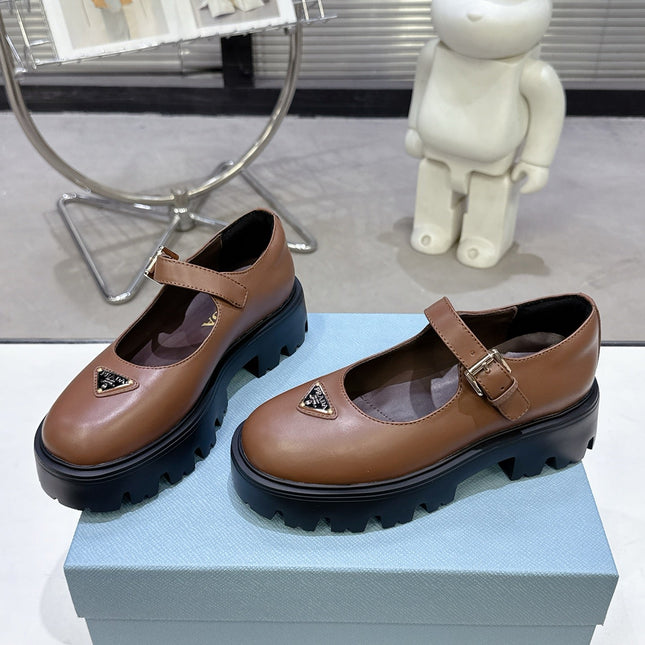 PRADA 25S PLATFORM MARY JANE SHOES IN BROWN CALFSKIN STYLE 1