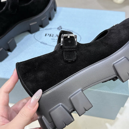 PRADA 25S PLATFORM MARY JANE SHOES IN BLACK SUEDE