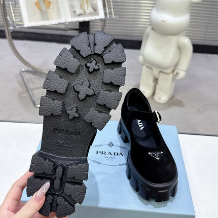 PRADA 25S PLATFORM MARY JANE SHOES IN BLACK SUEDE