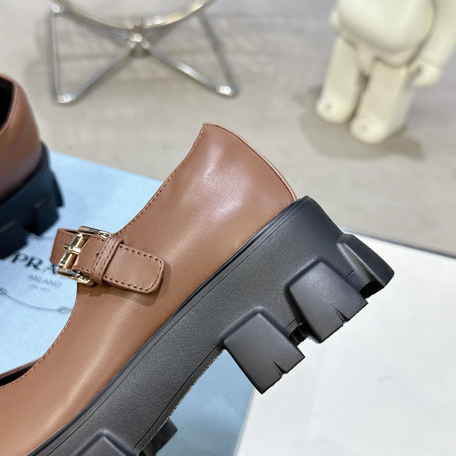 PRADA 25S PLATFORM MARY JANE SHOES IN BROWN CALFSKIN