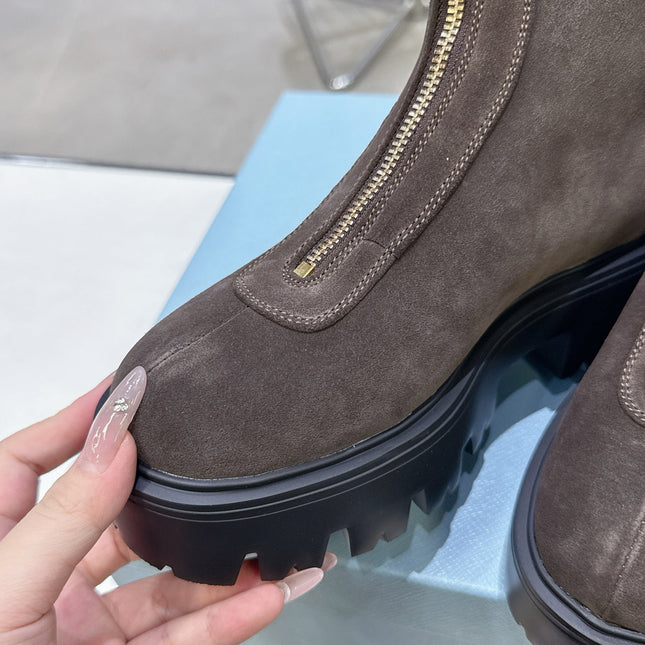 PRADA 25S ZIP-UP ANKLE BOOTS IN DARK BROWN SUEDE