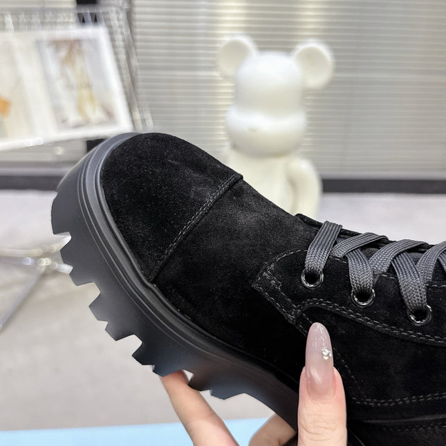 PRADA 25S WARRIOR BOOTS IN BLACK SUEDE